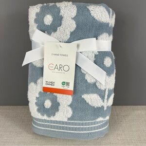 CARO Home Hand Towels Set of 2 Plush Blue White Flower Print 100% Cotton NEW